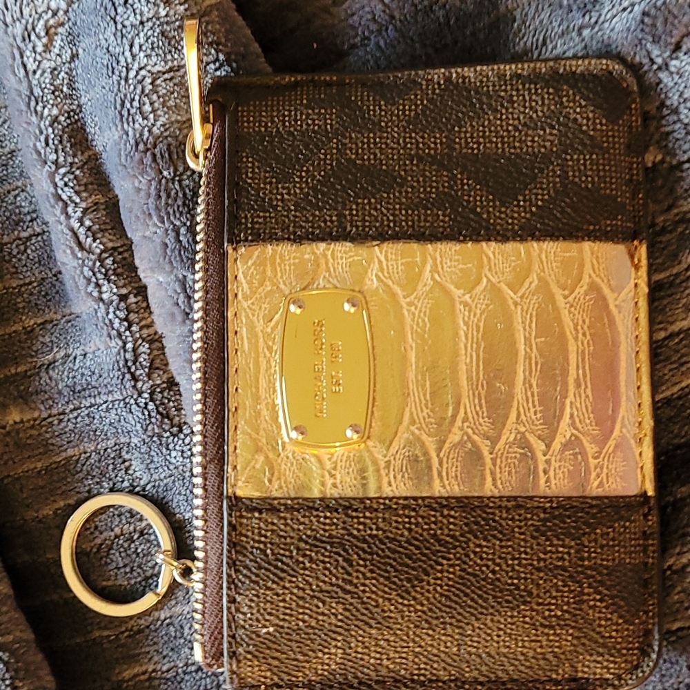 Authentic Michael Kors wallet/ change purse brown, gold leather 5"W x 4"L